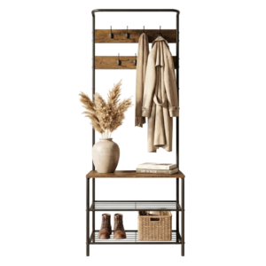 Cuier de Hol Industrial cu Banca, 7 Carlige, 2 Rafturi pentru Incaltaminte, Cadru Negru si Finisaj Rustic