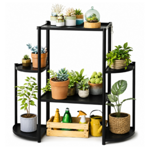 Suport Flori cu 6 Rafturi Etajate, Cadru Metalic Anticoroziv si Polite din Plastic, pentru Ghivece, Interior si Balcon, 99 x 29 x 62 cm