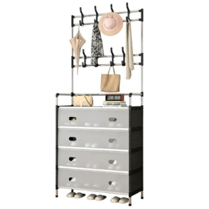 Cuier Multifunctional cu Pantofar, 4 Rafturi pentru Incaltaminte si Carlige Multiple, Cadru Metalic, 168 x 63 x 28 cm