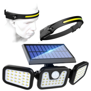Pachet Lampa Solara LED de Exterior cu 3 Capete + Lanterna LED Frontala cu Acumulator, Senzor de Miscare