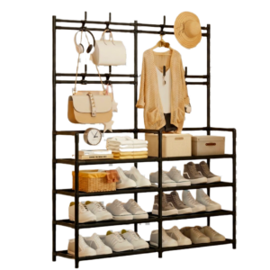 Cuier Dublu Multifunctional de Hol cu Pantofar pe 4 Niveluri, 8 Agatatori, Design Industrial, Metalic, 160 x 90 x 30 cm, Negru