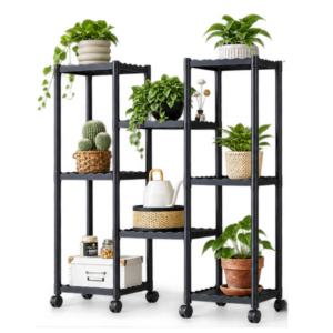 Suport Mobil pentru Flori si Plante, Etajera Metalica cu Roti, 8 Rafturi, Design Modern, Negru, 99 x 27.5 x 82.5 cm