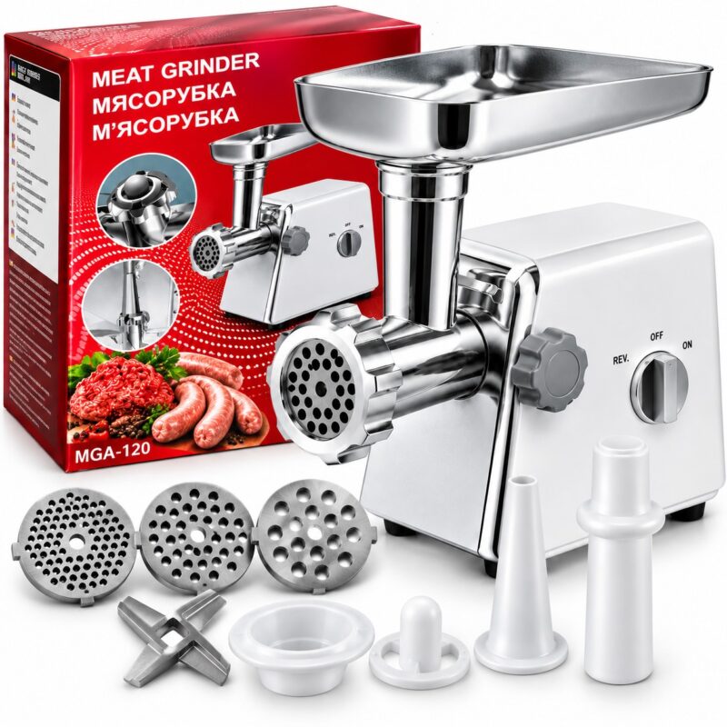 Masina Electrica de Tocat Carne 2800W, Capacitate 120 kg/ora, 3 Site, Lama Inox, Functie Reverse, Accesorii pentru Carnati si Suc de Rosii